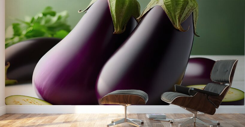 266 Two fresh eggplants on a white table and gree Wall Murals