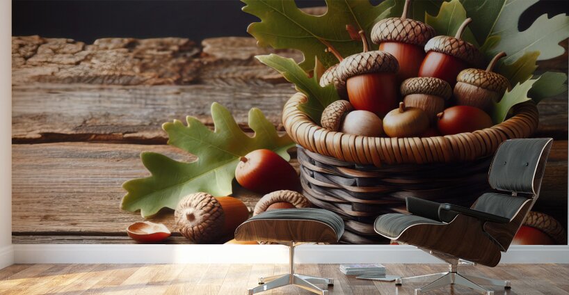 301 acorns and leaves on wooden table with copy s Wall Murals