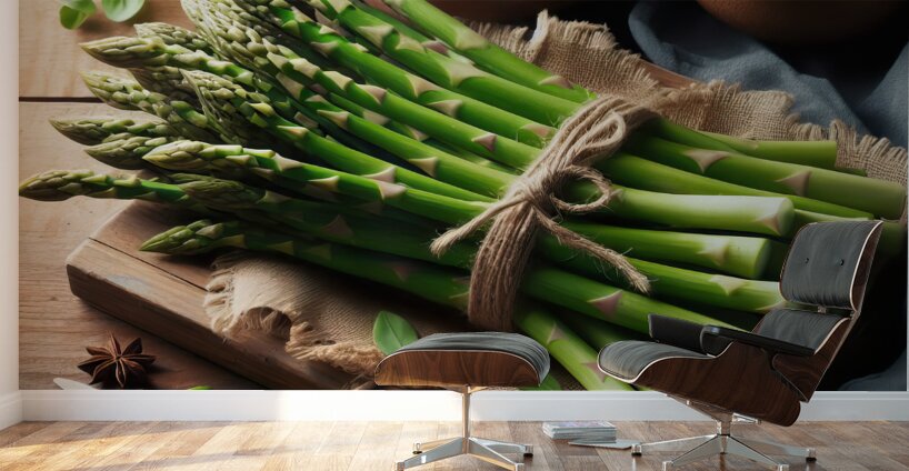 311 fresh thin green asparagus on a wooden table. Wall Murals