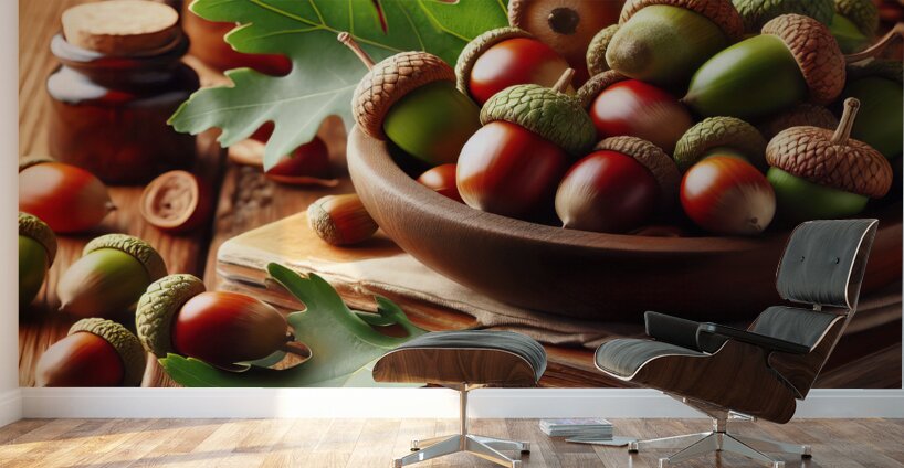 302 acorns and leaves on wooden table with copy s Wall Murals
