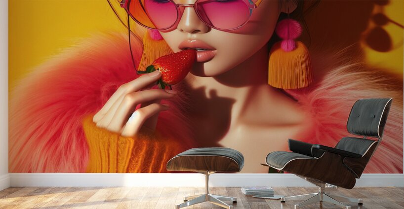 330 Young model in a vibrant colored suit eating Wall Murals