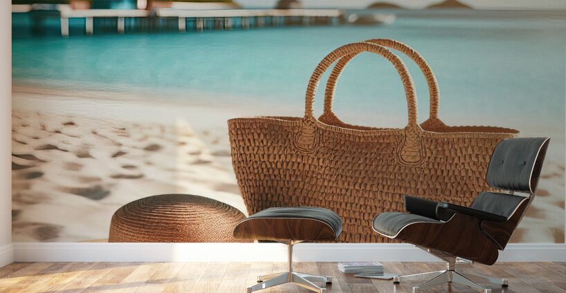 353 Bag with straw hat on the white sand on the t Wall Murals