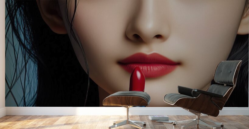 386 Women s red lipstick on blue background femin Wall Murals