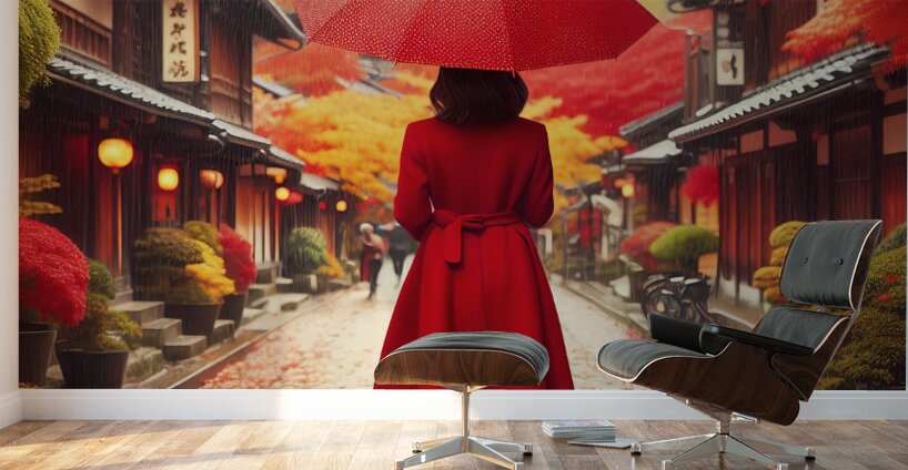 378 Woman in Red Coat with Red Umbrella from behi Wall Murals