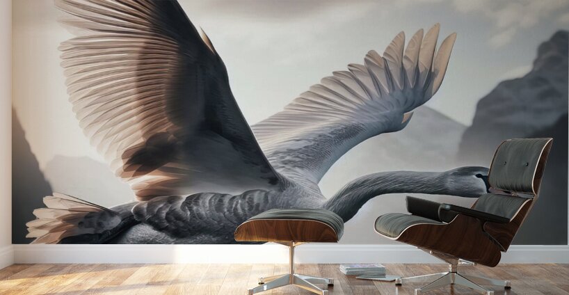 424 A grey swan Flying Through the Air With Its W Wall Murals