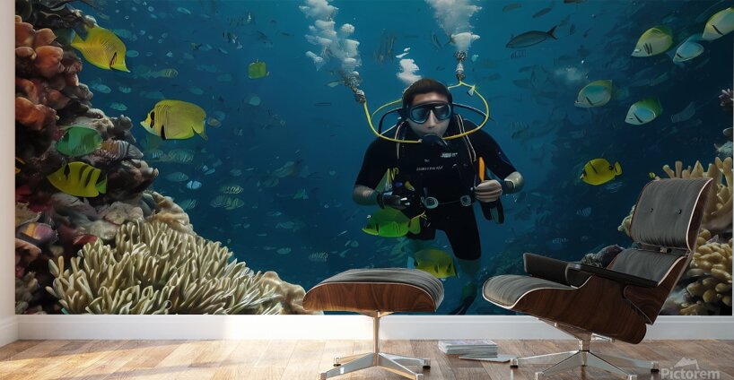 Default The mural is a highquality depiction of an underwater scene featuring a male diver exploring the depths of the ocean Wall Murals