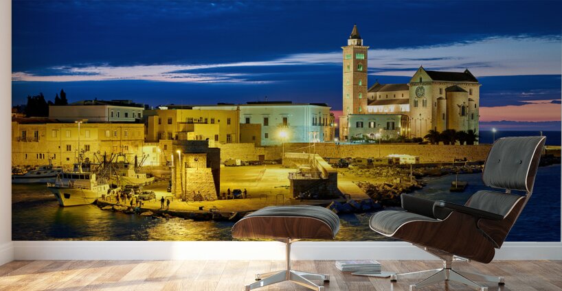 Apulia Puglia Italy. Trani. Basilica Cattedrale Beata Maria Vergine Assunta dedicated to Saint Nicholas at dusk Wall Murals