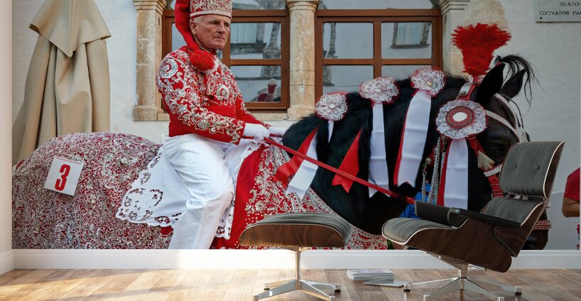 Apulia Puglia Italy. Ostuni. Festival of Saint Orontius. The cavalcata a procession of horses in the streets of the town Wall Murals