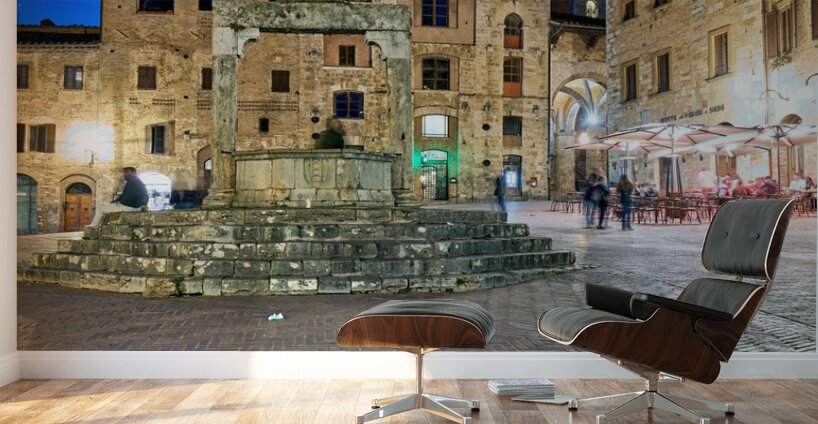 San Gimignano. Tuscany. Italy. Piazza della Cisterna at sunset Wall Murals