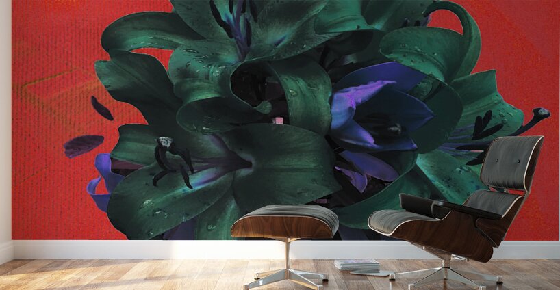 Abstract Green and Blue Lilies on a Red Background Wall Murals