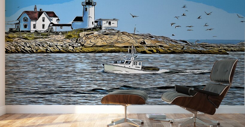 Eastern Point Lighthouse Guides Lobster Boat in Massachusetts - Illus. Wall Murals