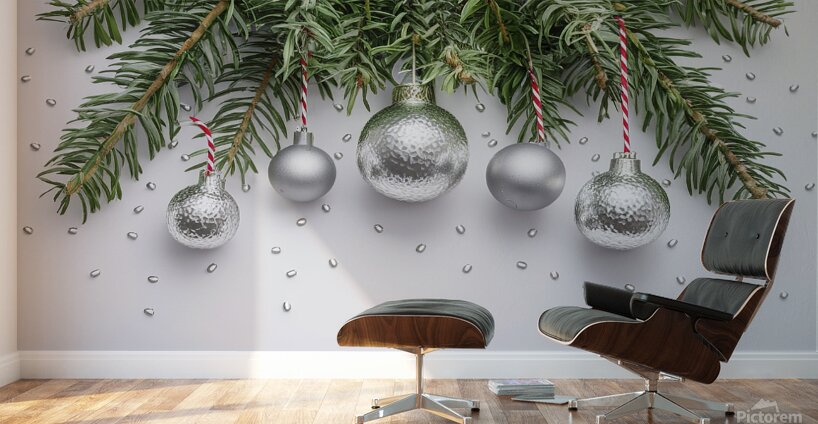 Christmas festive decoration in the form of a Christmas tree with silver toys Wall Murals