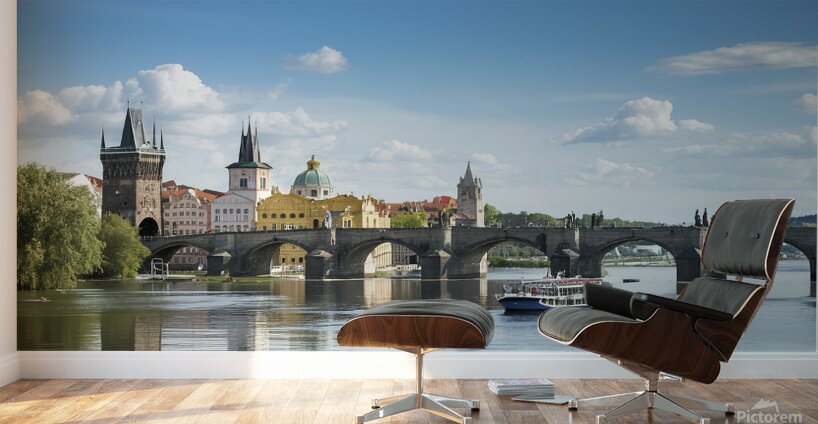 Touristic boat near the Charles bridge in Prague. Wall Murals