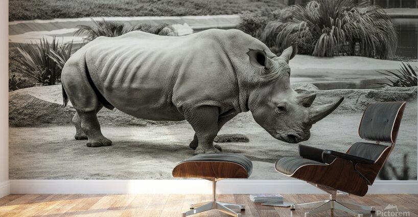 A rhinoceros in what appears to be a zoo or wildl Wall Murals