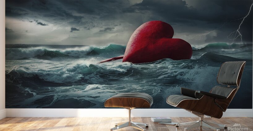 Large Red Heart Precariously Drifting In Tumultuo Wall Murals
