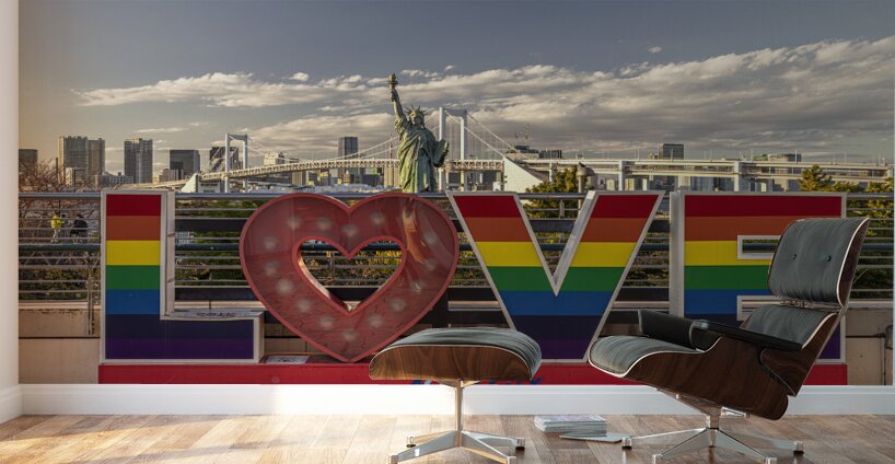 Rainbow love sign standing in front of rainbow bridge  tokyo Wall Murals