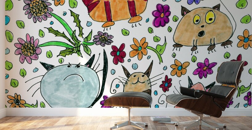 Abstract Floral Doodle Art Cats  Wall Murals