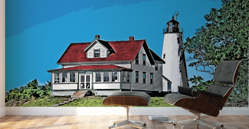 Bakers Island Lighthouse on Summer Day in Salem in Massachusetts - Illus. Wall Murals
