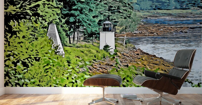 Whitlocks Mill Lighthouse and Fog Tower on River in Northernmost Maine - Illus. Wall Murals