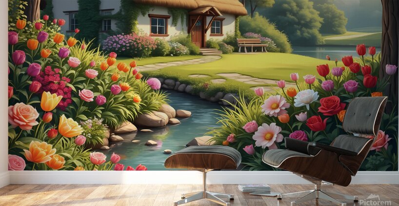 A fairytale cottage surrounded by a vibrant garden featuring a stream and sunlit path embodying cottagecore charm. Generative Al Wall Murals