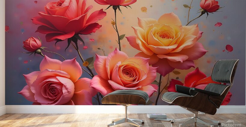 A vibrant painting of numerous roses showcasing delicate petals and shimmering dew creating a romantic atmosphere. Generative Al  Wall Murals