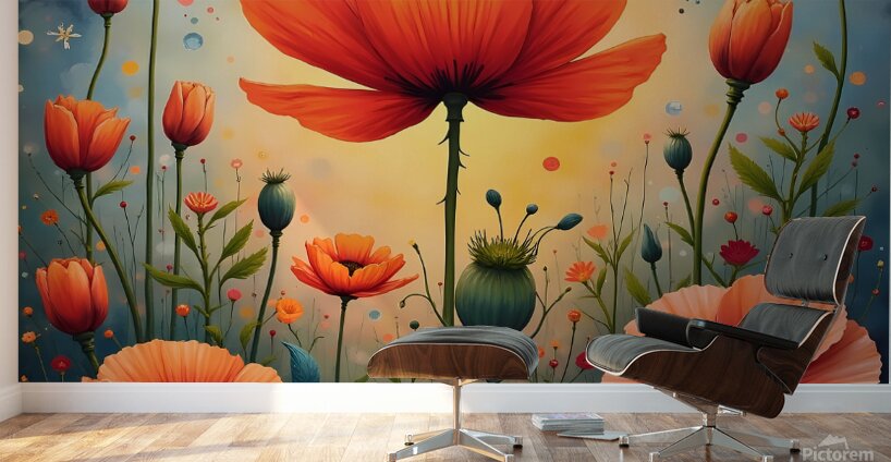 A vibrant painting of red poppies in a sunlit field with a central orange poppy and a dreamy blue sky above. Generative Al Wall Murals