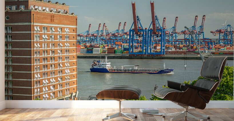 View of the Burchardkai container terminal and ship from Hamburg Övelgönne Germany Wall Murals
