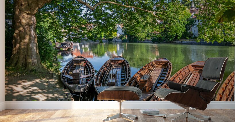 Traditional punt boats Stocherkahn at the pier at the Neckar River in Tübingen Germany Wall Murals