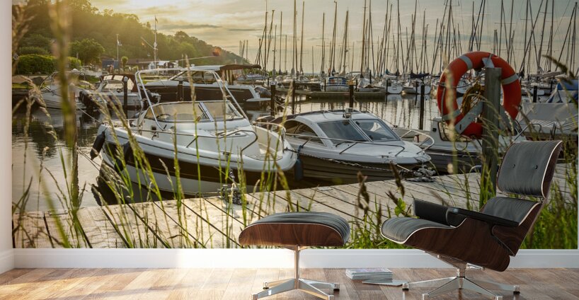 Sunset over pier and marina in Langballigau at the Baltic Sea in Northern Germany Wall Murals
