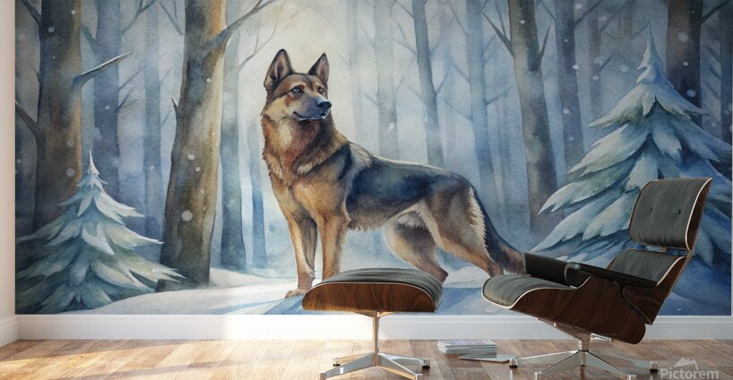 Noble German Shepherd in a Serene Snowy Forest - Watercolor Winter Wall Murals