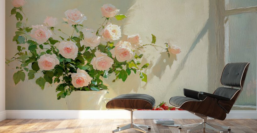 Still Life Pink Roses and Strawberries by a Window Wall Murals