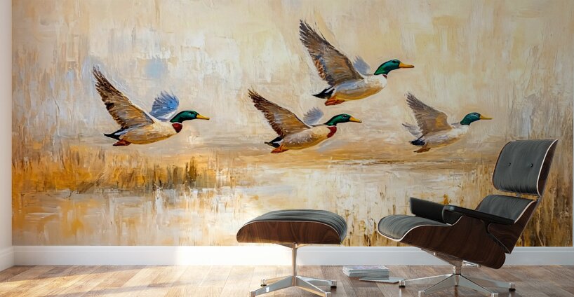 Ducks in Flight Over a Lake Wall Murals