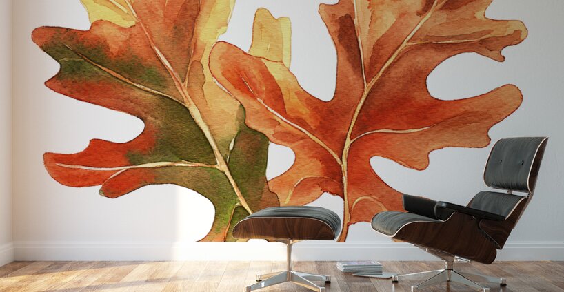 Autumn Oak Leaves on White Wall Murals