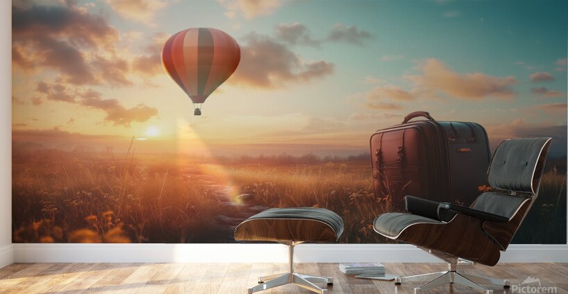 Colorful hot air balloon rises above grassy field with suitcase at sunset Wall Murals