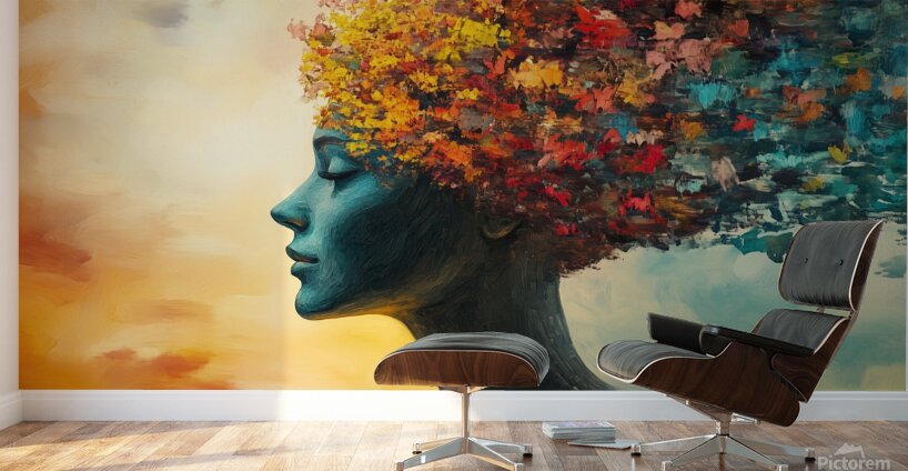 Creative expression of a woman with a floral and colorful head against a vibrant sky background during sunset Wall Murals