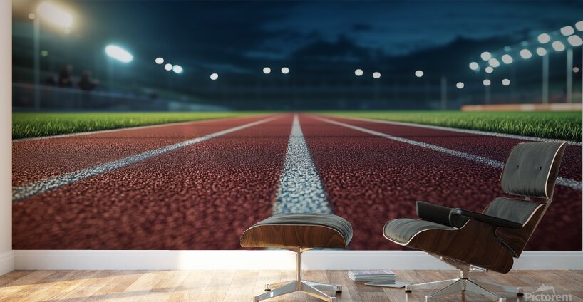 View of a well lit athletic track at night showcasing vibrant red surface and brightly illuminated surroundings Wall Murals