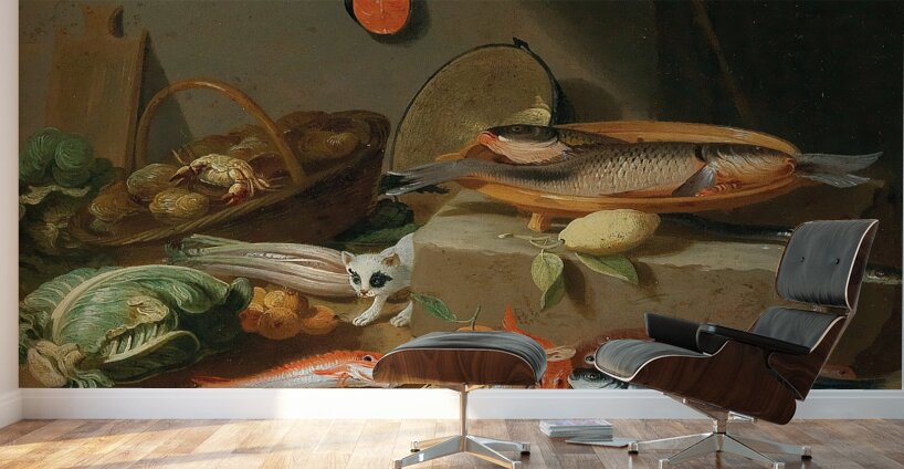 A kitchen still life with fish. Vegetables and a cat by Pseudo Jan van Kessel II Wall Murals