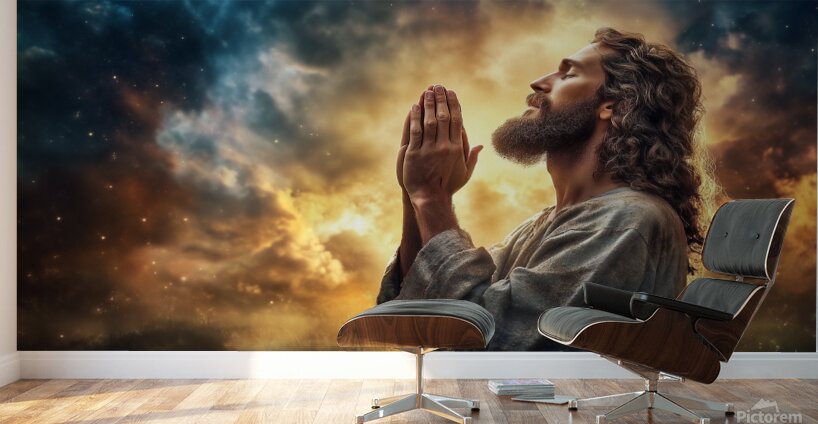 Jesus Christ in prayer with hands clasped in devotion against a dramatic sky backdrop Wall Murals