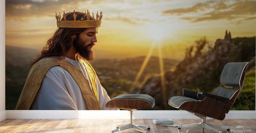 Jesus Christ in regal attire standing on a hill at sunset contemplating nature and spirituality Wall Murals