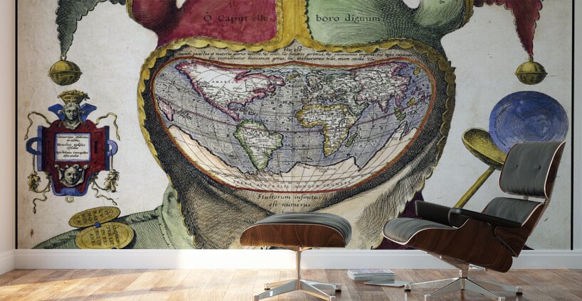 16th Century Fool’s Cap Map of the World – Renaissance Allegorical World Map Depicting the Globe as a Jester’s Head Symbolizing the Vanity of Human Knowledge and the Philosophical Spirit of the Age of Discovery Wall Murals