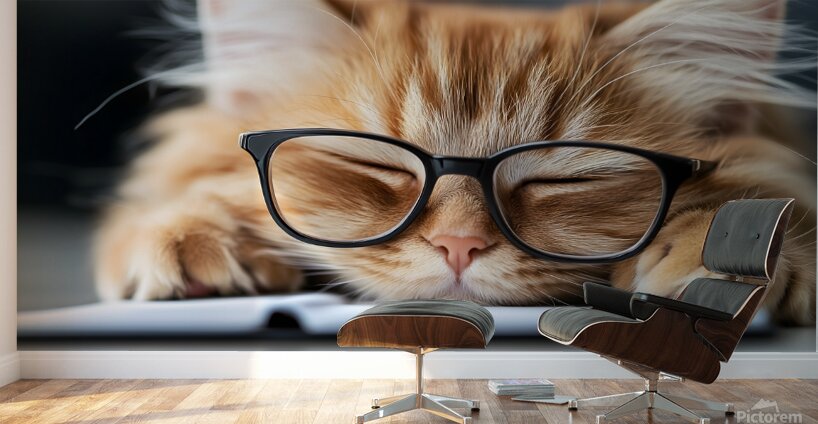 A fluffy orange cat with metal glasses frame is peacefully napping on a notebook. Its eyes are closed creating a serene atmosphere in a warm and inviting indoor space. Wall Murals