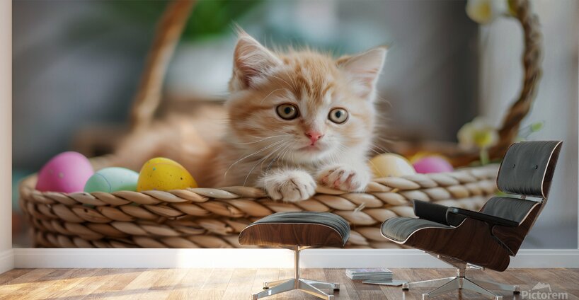 A cute kitten sits amidst Easter eggs in a basket. Wall Murals