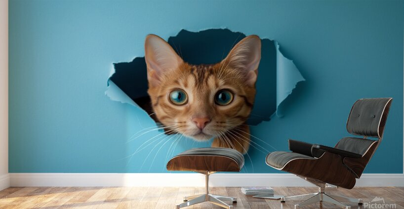 Curious Cat Peeking Through Blue Wall Hole Wall Murals