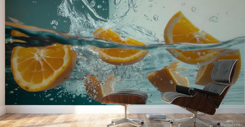 Fresh orange slices drop into clear water sending splashes and bubbles around. The vibrant fruit contrasts beautifully against the transparent liquid creating an enticing visual. Wall Murals