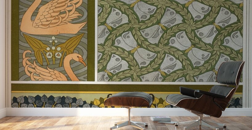 Cygnes et sagittaire. Bordure. Pappillons et feuillages. étoffe. Cerfs et biches. Frise. [1897] by Maurice Pillard Verneuil [1869–1942] Wall Murals