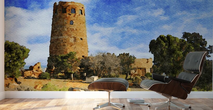 Watercolor painting of Desert View Watchtower at Grand Canyon Arizona Wall Murals
