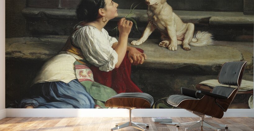 Ung Italienerinde. Der leger med en Hund [1872] by Axel Helsted [1847–1907] Wall Murals
