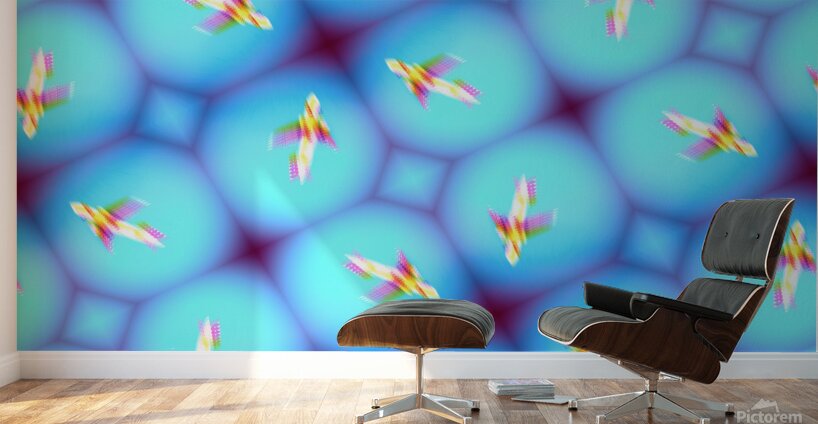 Low view of airplane against blue sky during takeoff or landing in metaverse Wall Murals