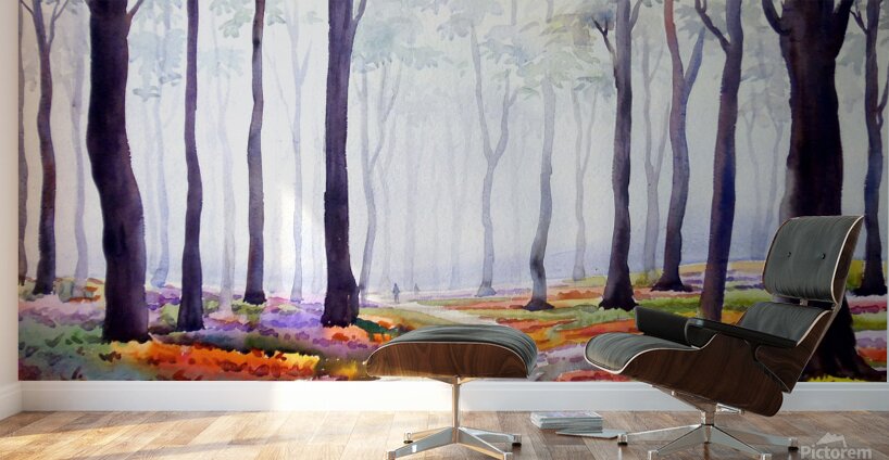 Misty Flowers Garden inside a Forest Watercolor Painting Wall Murals