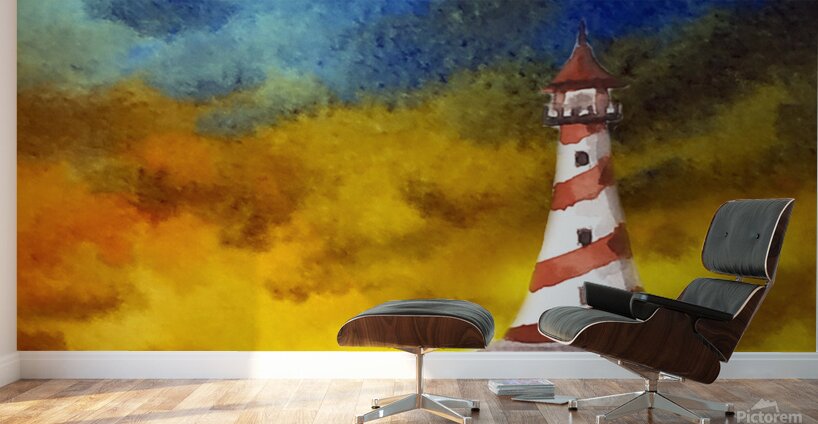 Cloudy Sunset Lighthouse Watercolor Painting  Wall Murals